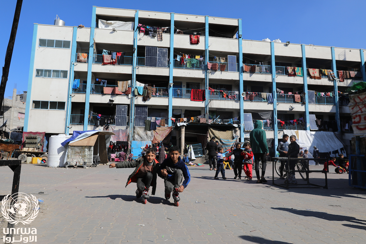 Displaced children play inside an UNRWA Palestine school turned into a shelter, Jabalia camp, Gaza Strip